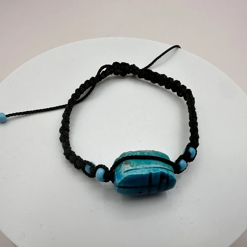 Vintage 90s Egyptian Scarab Bracelet Blue Glass Stone Braided Cord Boho Jewelry